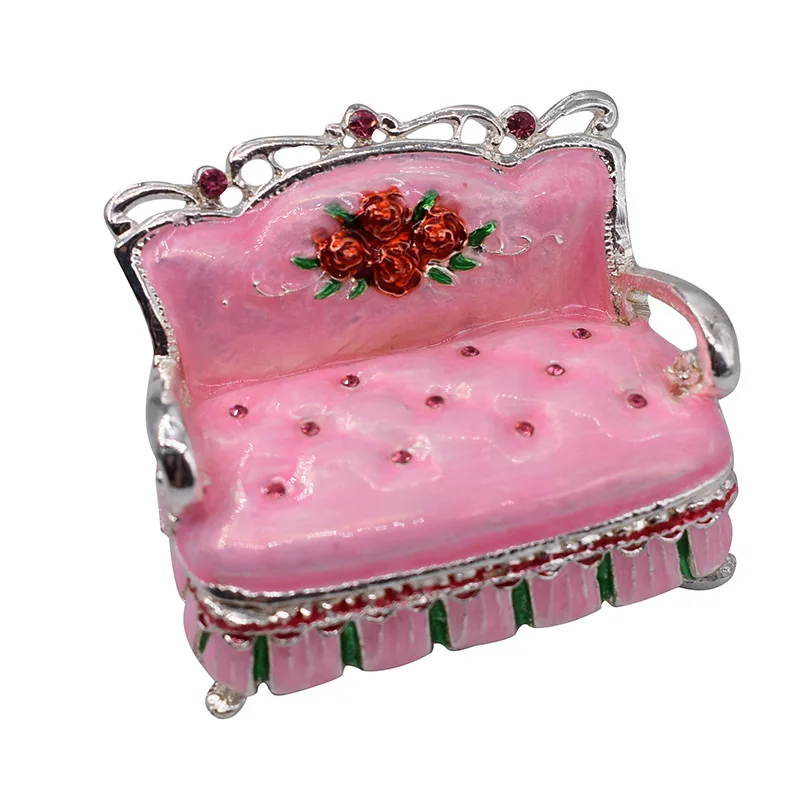 Handmade Enamel Mini Pink Sofa Colored Drawing Jewel Case Ring Storage Box Metal Handicraft Home Furnishing Articles