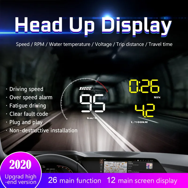 

Hud Car Alarm Projector Auto OBD2 Hud Head Up Display Car Projection on Car Glass Windshield Vehicle Supplies Clocks Speedometer