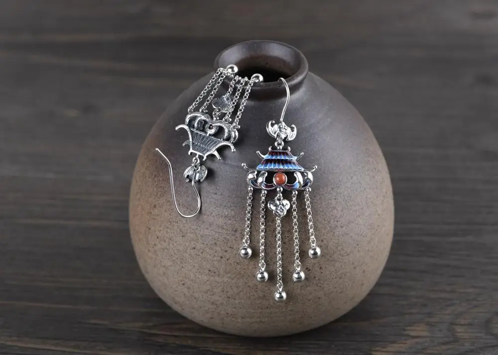 100%S925 silver burnt blue retro ancient architecture Chinese style earrings female fashion bat silver chain tassel earrings