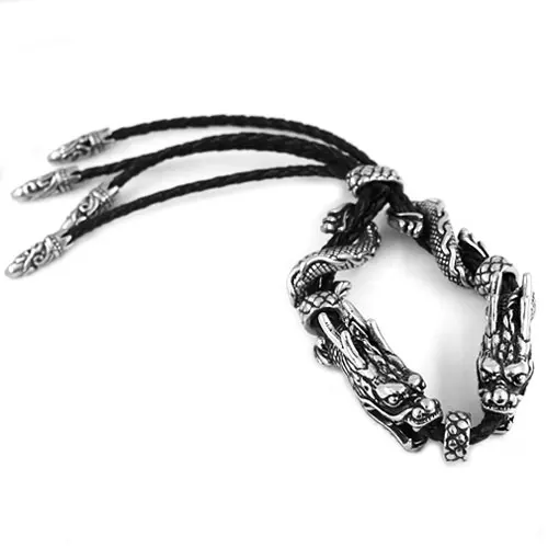 Vintage Double Dragons Bracelet Stainless Steel Cool Fashion Punk Dragon Leather Bracelet Bangle For Men SJB0294