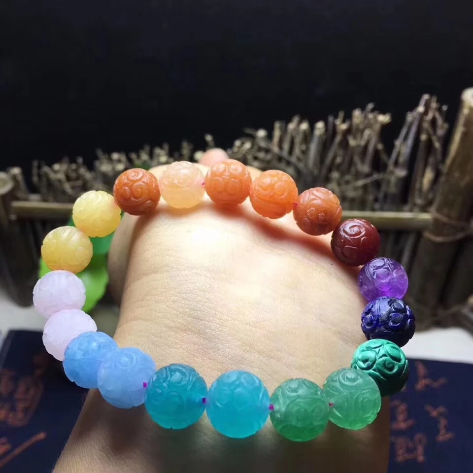 Natural Rainbow Different Mixed Stone Amethyst Aquamarine Amazonite Amber Lapis Jasper Carved Beads Bracelet 8mm 10mm 12mm AAAAA