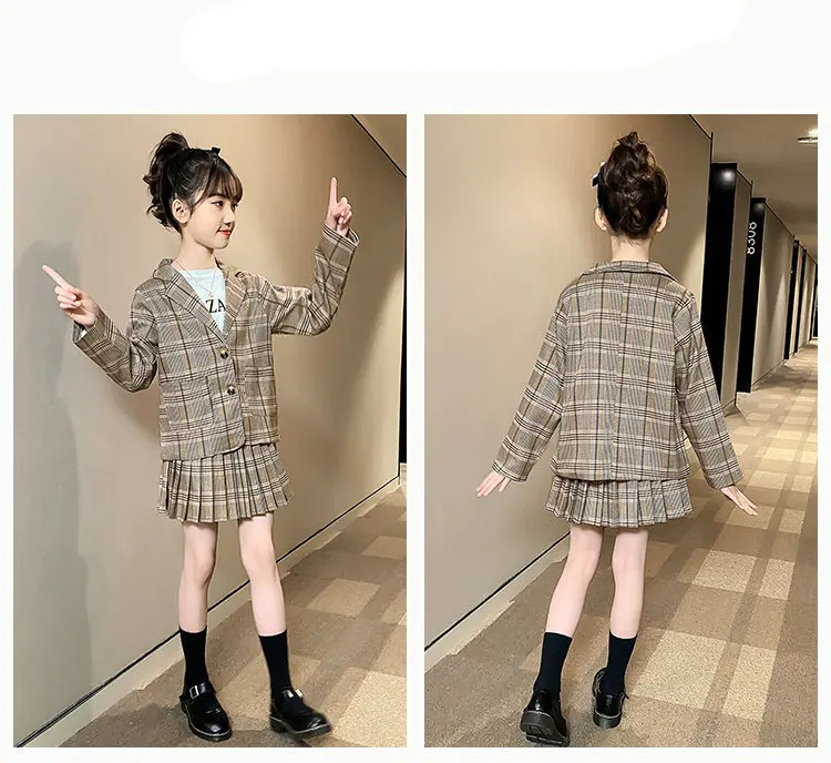 Mädchen-Kleidungsanzug für formelle Partys, Blazer- und Rock-Set, modische Frühlings-Outfits aus Baumwolle und Leinen für Kinder im Alter von 4, 5, 7, 9, 11, 12, 13 Jahren. – Detail 4