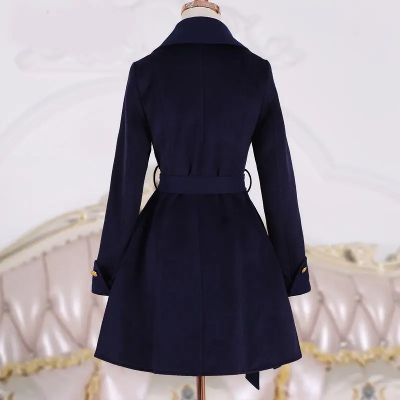 2023 New Fashion Dark Blue Embroidery Thick Warm Woolen Coat Female Students Slim Outerwear Women\'s Jacket