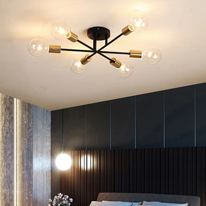 Modern Chandelier Gold/Black Ceiling Lights Fixture Nordic Semi Flush Mount Living Room Ceiling Lamps  Lndoor Furniture Lighting