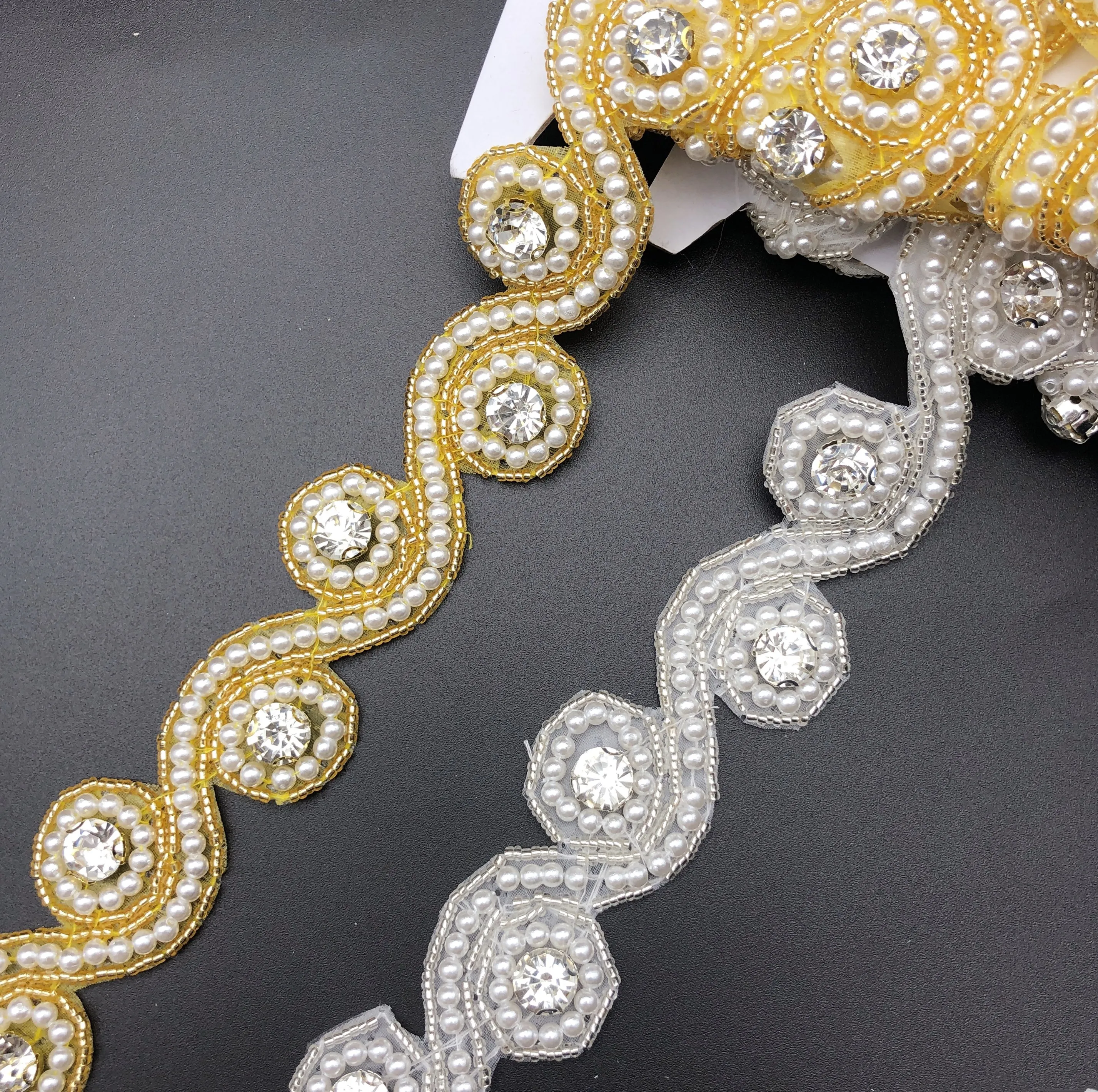 4.5meters DIY  Pearl  Rhinestone Trim Crystal Chain Beaded Applique Sew/Iron on hox fix Bridal Dress