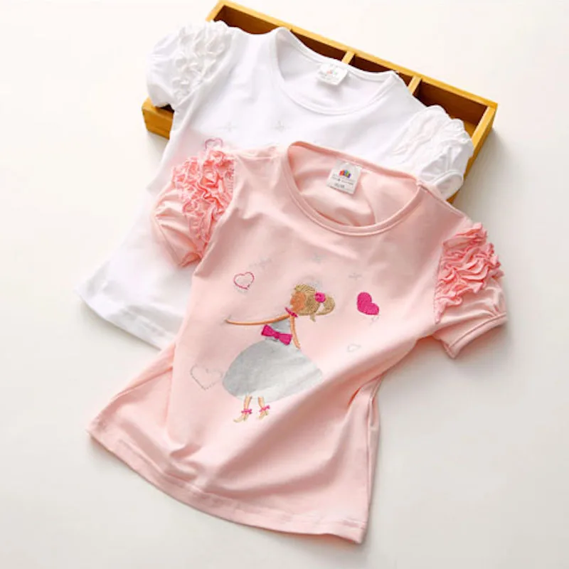 Girls Clothes 2023 Summer Cotton White Pink Solid Color Bow Heart Embroidery Princess Short Sleeve O-Neck Kids Girl T-Shirt