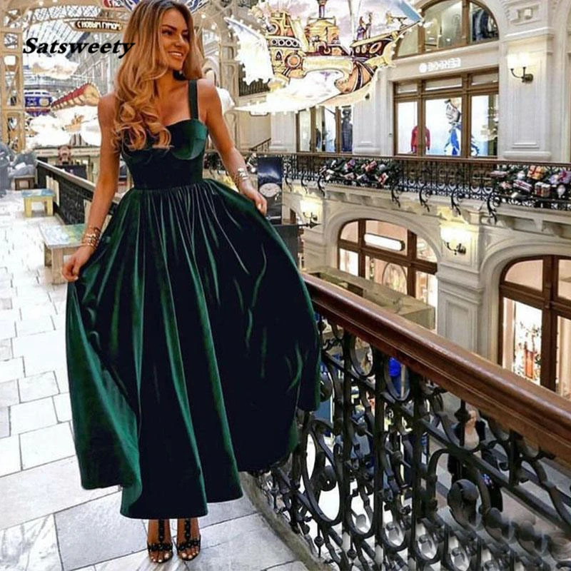 

Tea Length Dark Green Prom Dresses Spaghetti Straps Vestido De Festa Simple Formal Party Gowns Special Occasion Prom Gowns