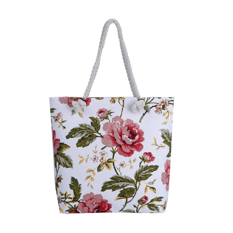 Summer Ladies Flower Printed Canvas Beach Handbag Portable Large Capacity For Female Single Shoulder Casual Tote Bags Dropship