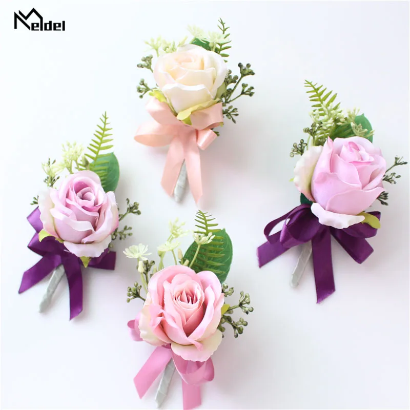 Meldel-ramillete y Boutonniere para novio, Pin de solapa, ramillete de muñeca nupcial, pulsera de dama de honor rosa, decoración Floral Personal para fiesta y boda