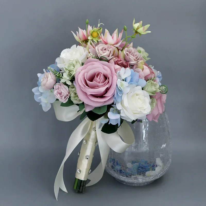 Lovely Pink Bridal Bouquets Wedding Flowers Decorations Blue Ivory 20*28cm