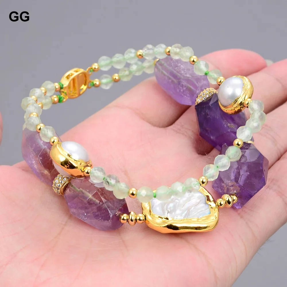 

GuaiGuai Jewelry Natural Stone Purple Amethyst Green Round Faceted Prehnite Natural White Pearl Bracelet 8"