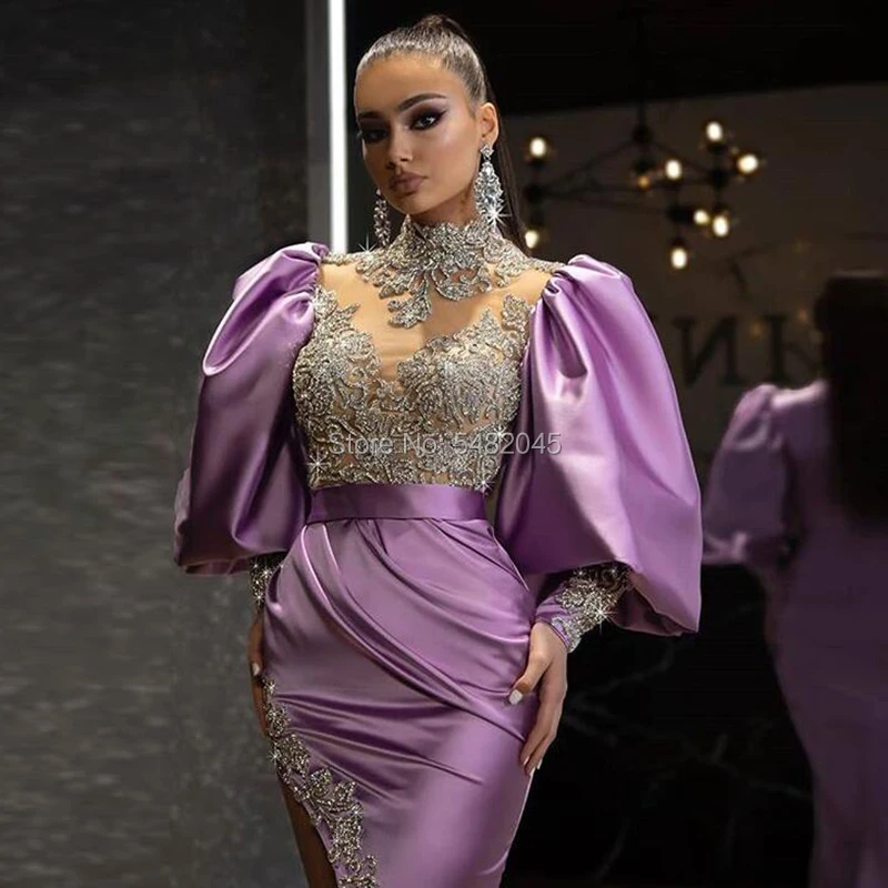 LORIE Arabic Evening Dress Crystals Puff Sleeves High Neck Beaded Mermaid Pleats Long Purple Dubai Prom Gown Party Dress 2024