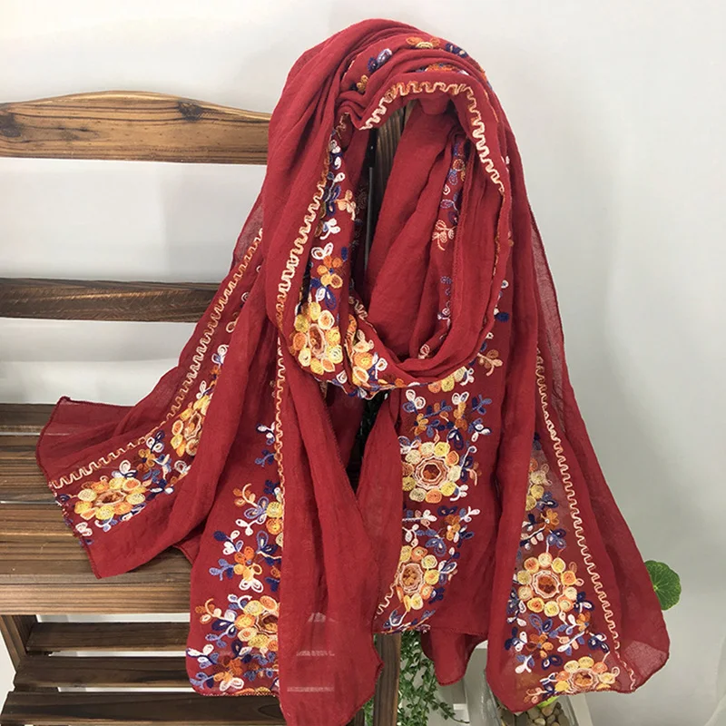 Women Foulard Elegant Embroidered Cotton Winter Scarf Muslim Hijab Bandana Long Shawl Beautiful