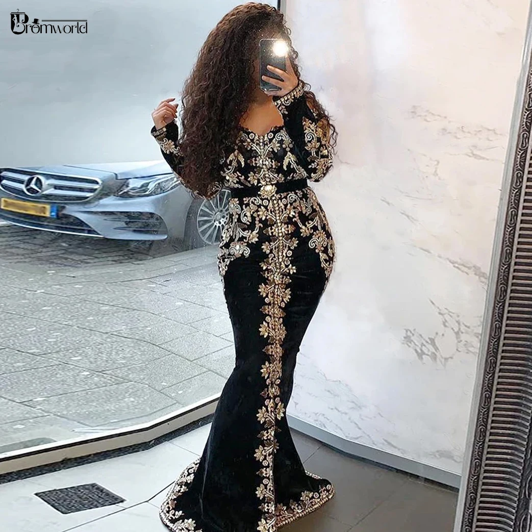 Moroccan Caftan Black Mermaid Prom Evening Dress Long Sleeves ROBES DE SOIRÉE Embroidery Velvet Dubai Arabic Muslim Formal Gowns