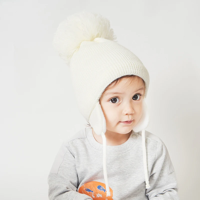 Girl Hat Winter Earflap Baby Boy Beanie Knit Fleece Lining Pompom Autumn Warm Skiing Outdoor Accessory For Toddlers