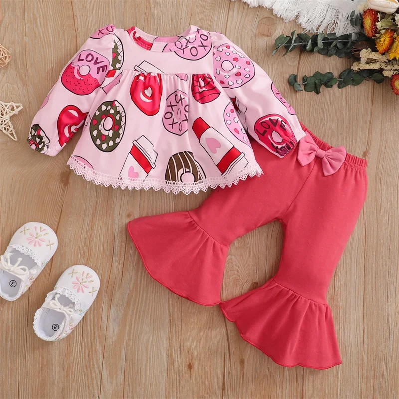 

Cute Baby Girl Clothes Long Sleeve Donut Print Dress Set Bow Flare Pants New Born Toddler Girl Outfits Cartoon Baby Clothing Set