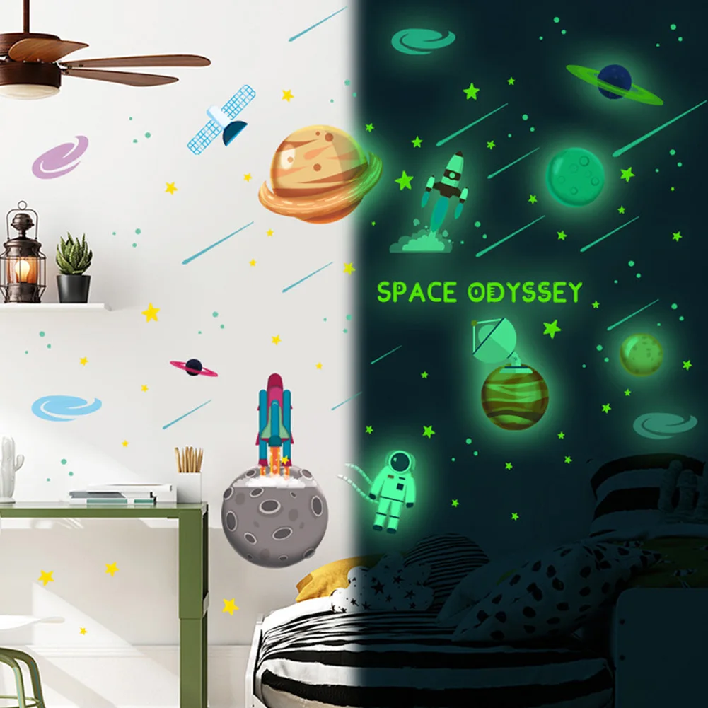 Luminous Space Planet Rocket Wall Stickers Kids Room Bedroom Home Decoration Mural Cartoon Living Room Glow In The Dark Decals