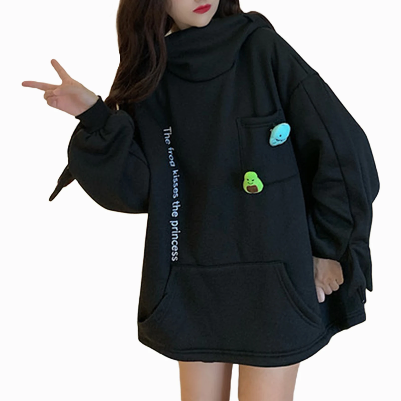 Plus Size Couple Wear Women Hoodie Cute Long-Sleeved Loose Print  Velvet Padded Sweater  High-Necked Frog Head Warm Pullover