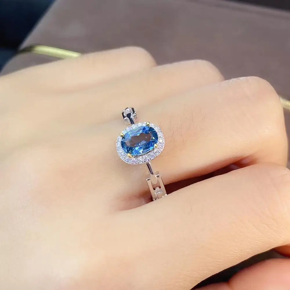 KJJEAXC Miss Woman Girl Boutique Fine Jewelry 925 Sterling Silver  Natural Blue Topaz Trendy Adjustable Female Ring Support Test