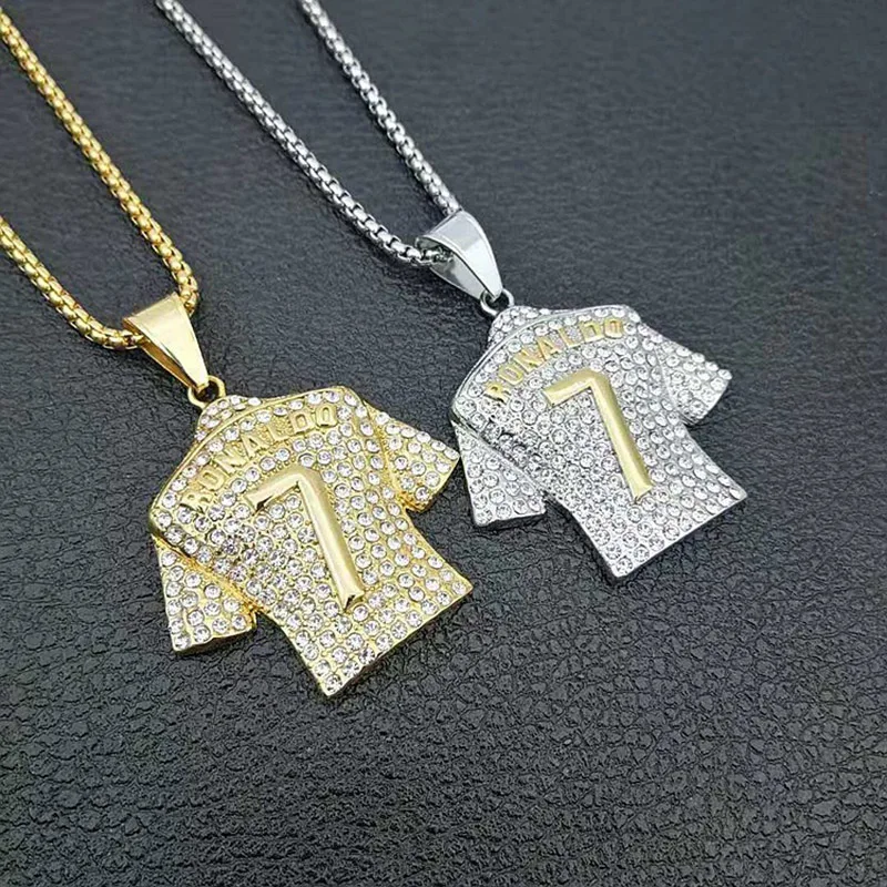 Hip Hop Rhinestones Paved Bling Iced Out Stainless Steel No 7 jersey Pendants Necklaces for Men Rapper Jewelry Drop Shipping