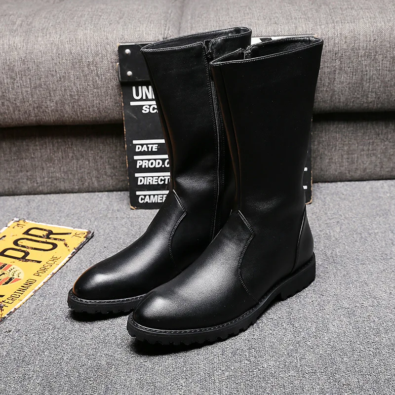 Winter Men Motorcycle Boots Mid-Calf Punk Rock Punk Shoes Mens Leather Black High top Casual Boot Man Zapatillas Hombre