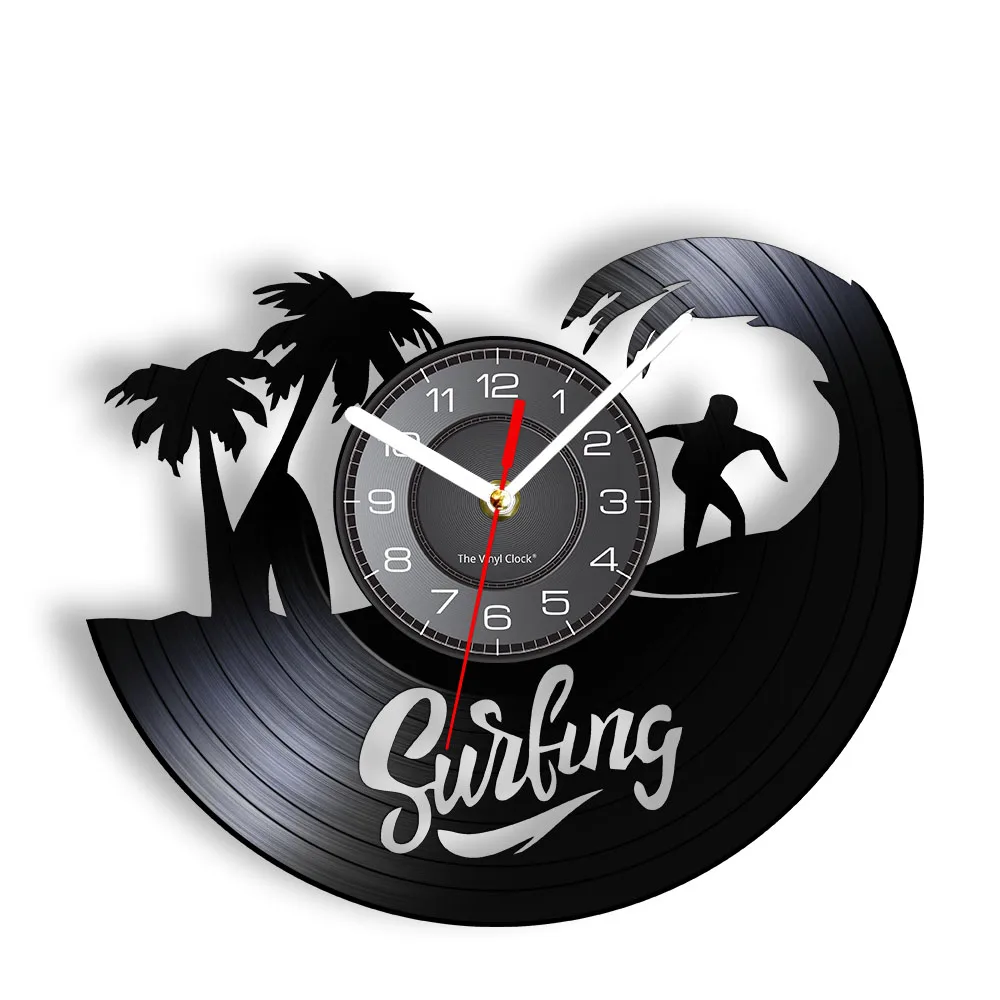 Sea Surfing Vinyl Record Wall Clock Coconut Palms Water Sport Watches Summer Beach Home Decor Timepieces For Surfers Man Gift