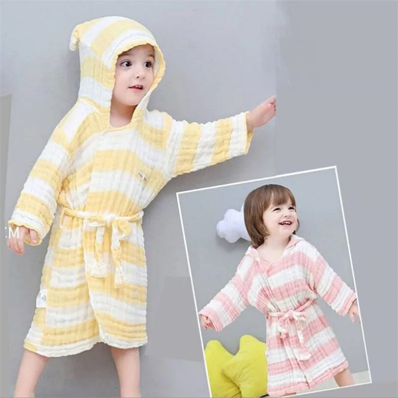 6 Layers Muslin Children Robe Gauze Baby Long Sleeve Hooded Bathrobe Kids Bath towels Lovely Ear Child Boy Girls Robes Clothes