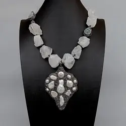 Y·YING White Quartzs Rough Necklace Cultured White Pearl Black Crystal Pave Big Pendant 21
