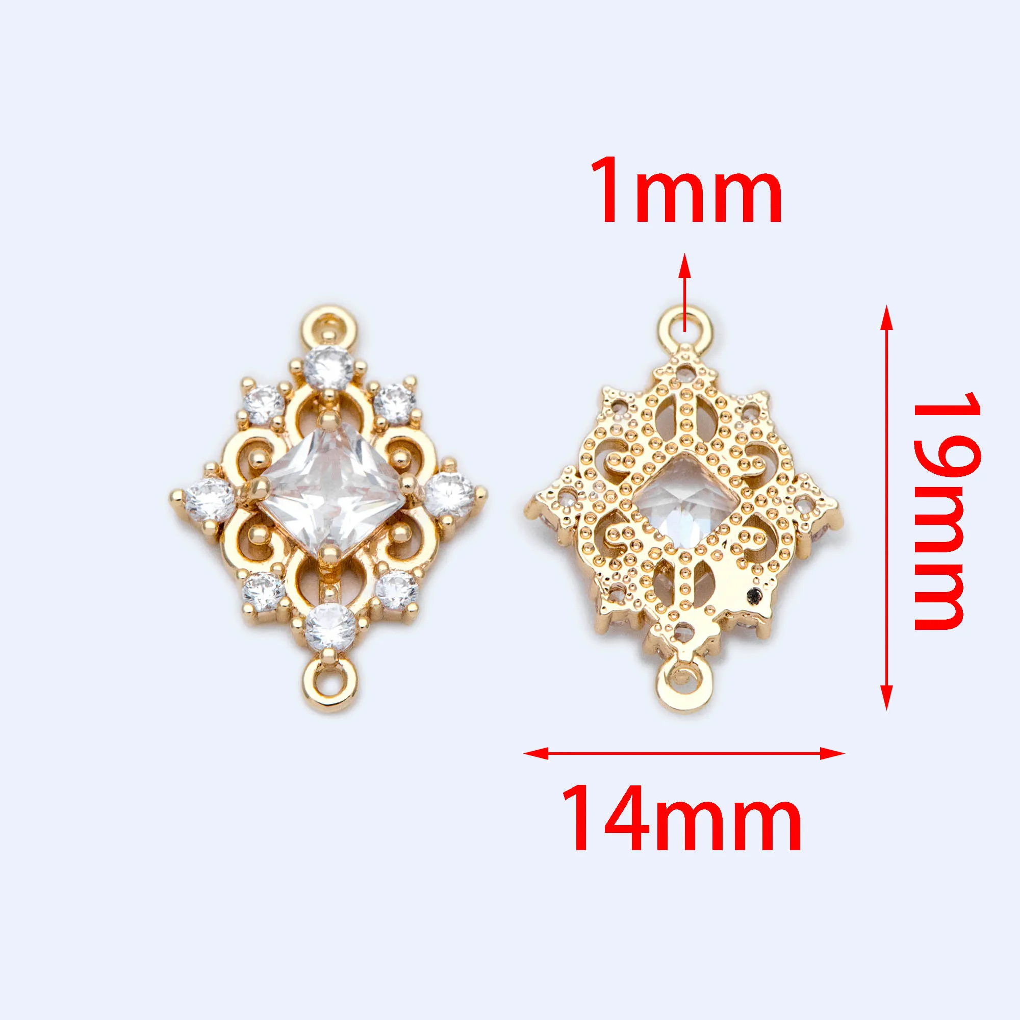 10pcs CZ Paved Gold Rhombus Connector 19x14mm, Victorian Style Earring Pendant (GB-1196)