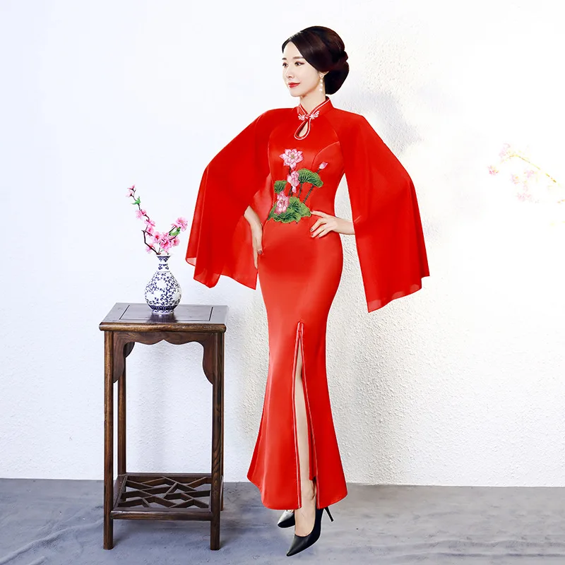 

Autumn New Women Solid Cloak Mermaid Long Qipao Elegant Fashion Slim Bodycon Vintage Button Cheongsam Wedding Dress Novelty