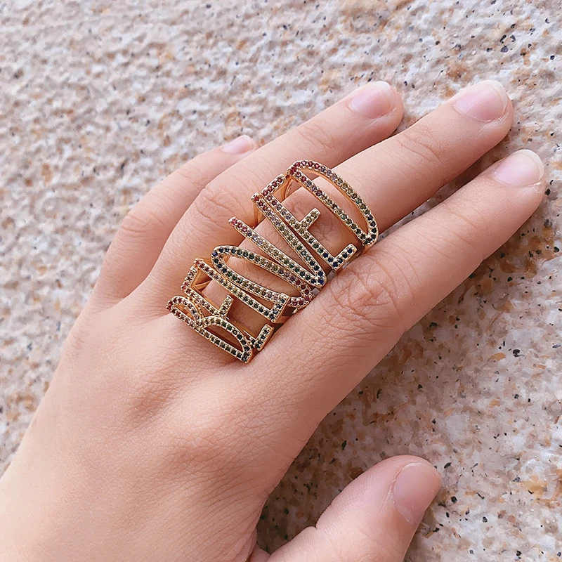 Kinel موضة A-Z رسالة قوس قزح خاتم الذهب اللون DIY بها بنفسك اسم الأحرف الأولى الأبجدية النساء حفلة تشيكوسلوفاكيا الزركون خاتم بوهو مجوهرات