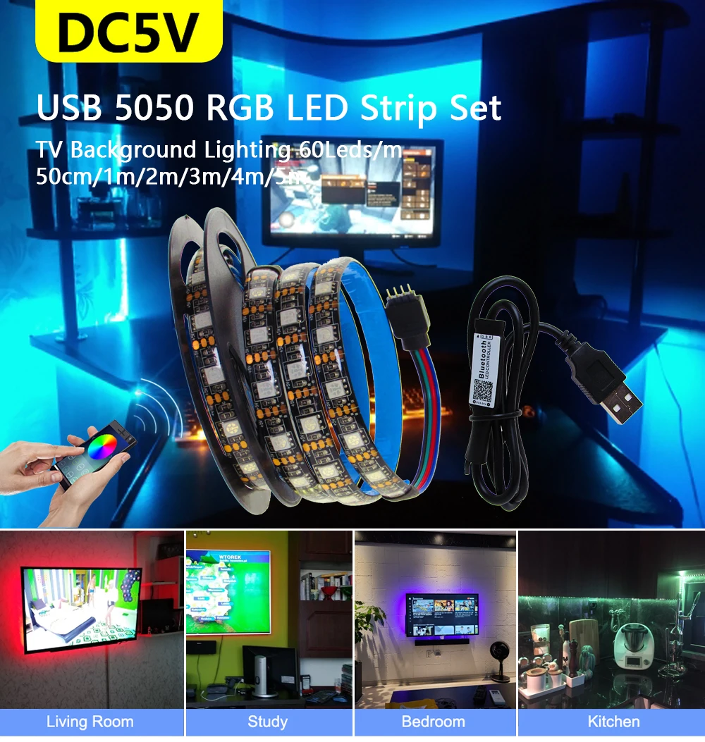 DC 5V RGB LED Strip USB Light Not Waterproof SMD 5050 0.5- 5M 5 V Volt TV PC Led Strip Light USB RGB Tape With Remote Controller