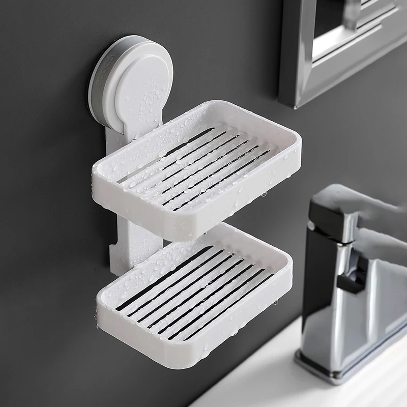 ECOCO Bathroom Suction Cup Soap Dishes Plastic Holders Wall-mounted Double-deck Creative Drainage Soap Storage Double Racks