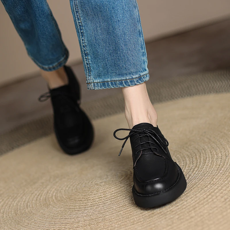 Vintage Genuine Leather Platform Shoes for Women Fashion 2022 Spring/Autumn New Chunky Heels Pumps Night Club Basic Shoes Woman