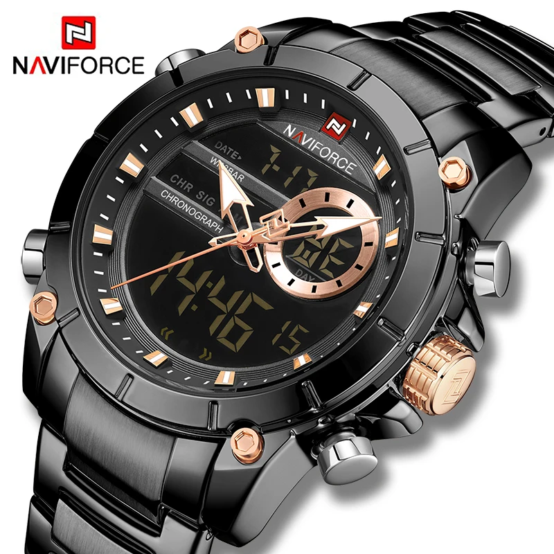 NAVIFORCE 9163 Men\'s Dual Display Luxury Stainless Steel Waterproof Watches Man Casual Sport Quartz Wristwatch Relogio Masculino