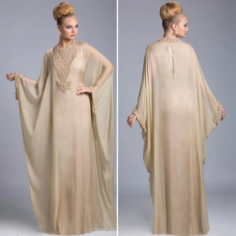 Longue robe de soirée en mousseline de soie pour femmes musulmanes, caftan chic, champagne, arabe, mère de la mariée, col perlé, quelle que soit la mariée, 2025