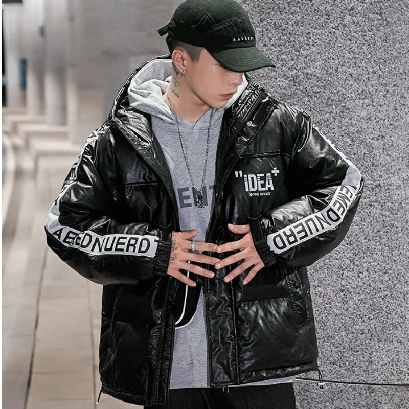 Trendy Loose Down Jacket Mens 2021 New Winter Pu Coat Colorful Glossy Printed Down Puffer Jacket Men Clothing