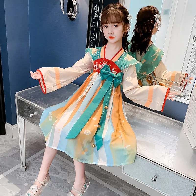 

Autunm New Children Chinese Lovely Tang Suit Girls Traditional Embroidery Ancient Hanfu Kids Chiffon Perform Costumes