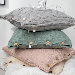 Soft Cotton Plait Knit Cushion Cover Vintage Ivory Grey Pink Solid Pillow Case 45cm*45cm Button Open Home Decoration Nordic