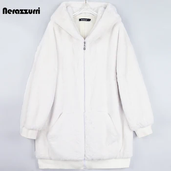 Nerazzurri ฤดูหนาวสีฟ้าสีดำ Warm Faux Fur เสื้อกันหนาวผู้หญิง Hood ซิปแขนยาวหลวม Fluffy เสื้อ