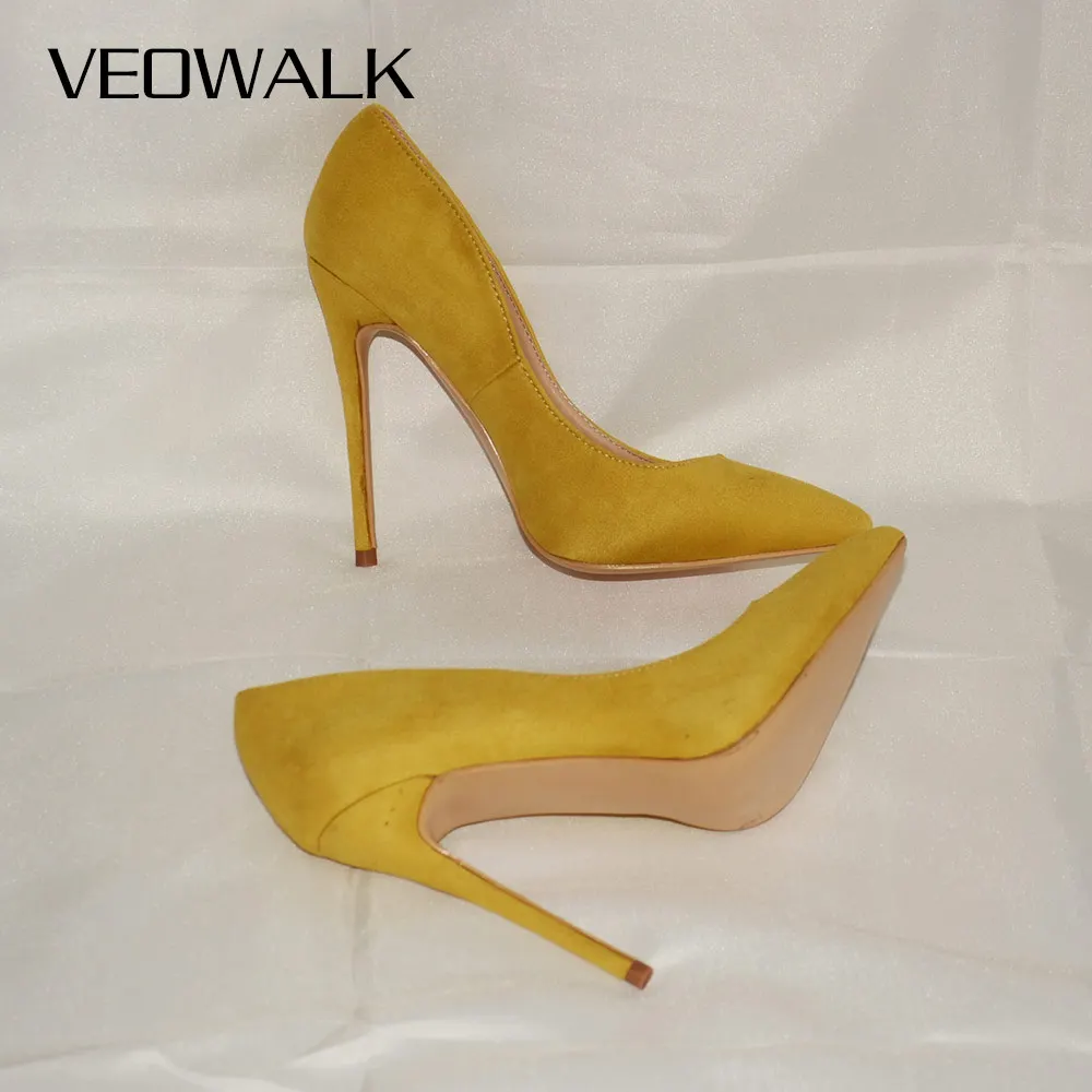 Veowalk Spicy Mustard Women Sexy Pointed Toe Stiletto High Heels Elegant Ladies Designer Flock Party Pumps Shoes 8/10/12cm