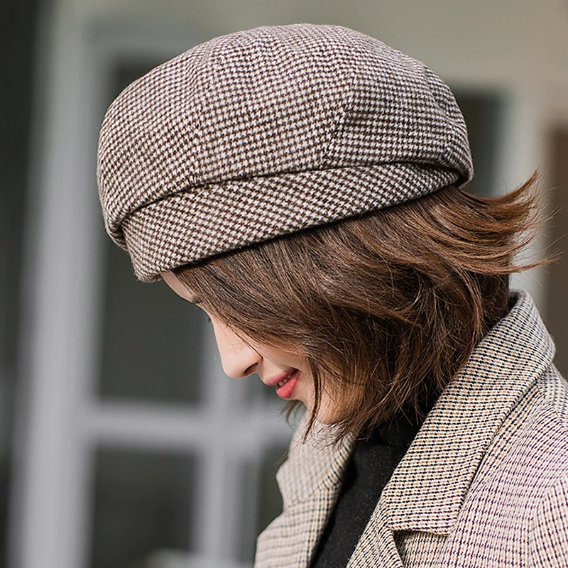 New Women Wool beret For Elegant lady Winter Female Cotton Hats Plaid Vintage Octagonal Casual boina Autumn girl Cap