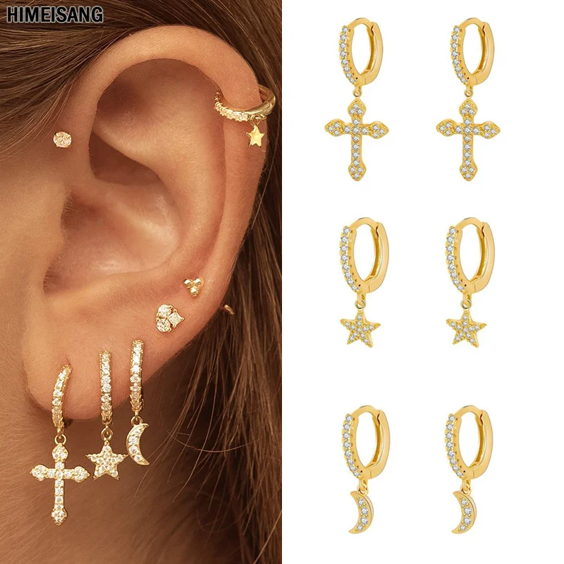 Silver Gold Filled Hoop Drop Earrings for Women CZ Zircon Star Moon Cross Dangle Earings Girls Gift Aretes Jewelry Wholesale