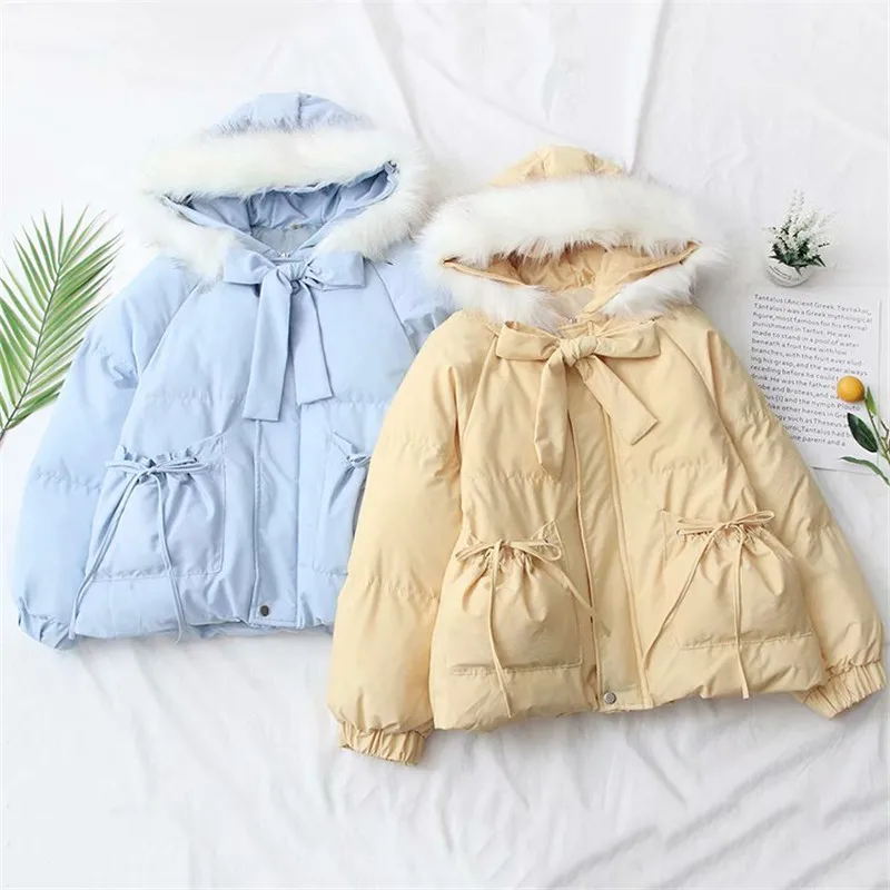 Kawaii Fashion Cotton Padded Jacket Women Cute Vintage Thick Warm Fur Collar Hooded Coat Casual Black Parka Outerwear Overcoat