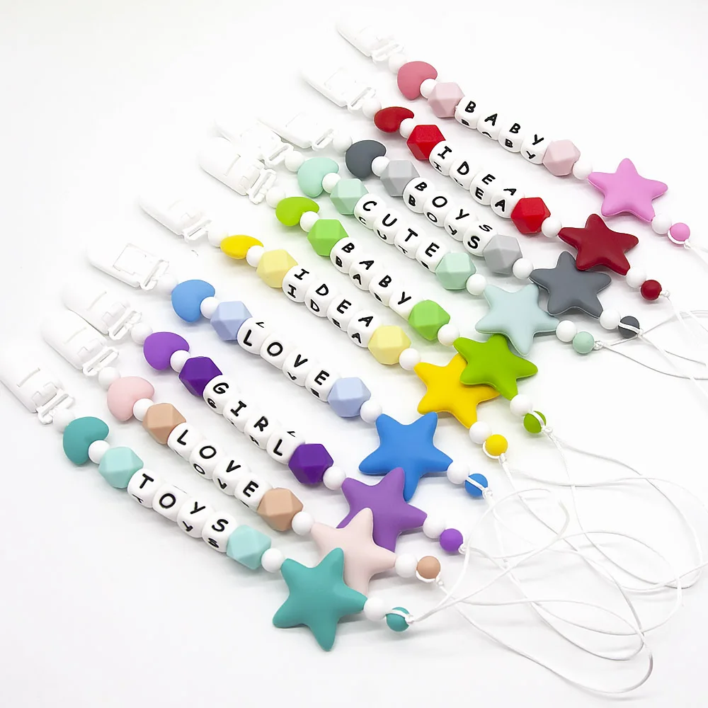 Cute-Idea-Cadena de chupete para niños pequeños, mordedor de cuentas de silicona con estrella, nombre personalizado, accesorio para roedores,