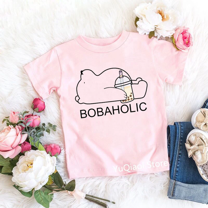 Cute Pompompurin/Panda/Cat/Duck Love Boba Funny Cartoon Print Tshirt Baby Kids Girl T-Shirt Summer Children Pink T Shirt Top Tee