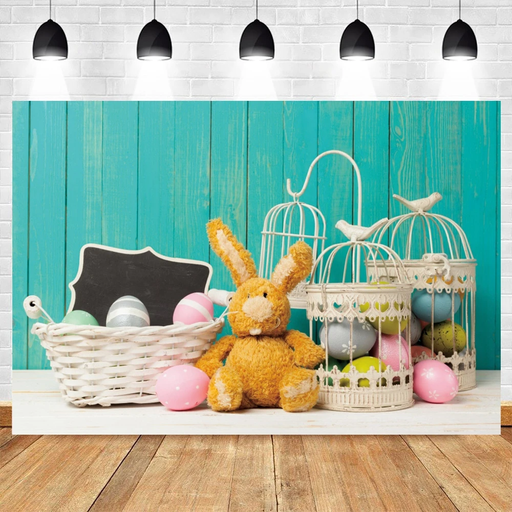 Yeele Happy Easter Party Backdrop Egg Rabbit Blue Wooden Board Baby Photographic Background Photography Photo Studio Photophone