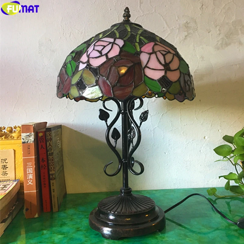 FUMAT Tiffany Style Stained Glass Table Light Multicolor Rose Lotus Flower Lampshade Arts House Decor Alloy Frame Rero Desk Lamp