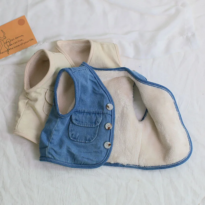 

2021 Autumn Winter Korean Style Infant Baby Boy Girl Fleece Gilet Children Kids Warm Denim Vest Waistcoat Fashion Baby Outerwear