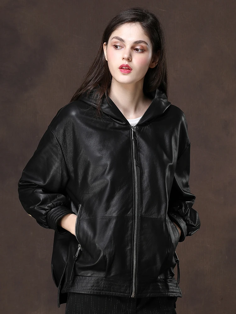Nerazzurri Spring Autumn Casual Hooded Waterproof Black Soft Pu Leather Jackets for Women with Drop Shoulder Long Sleeve Zipper